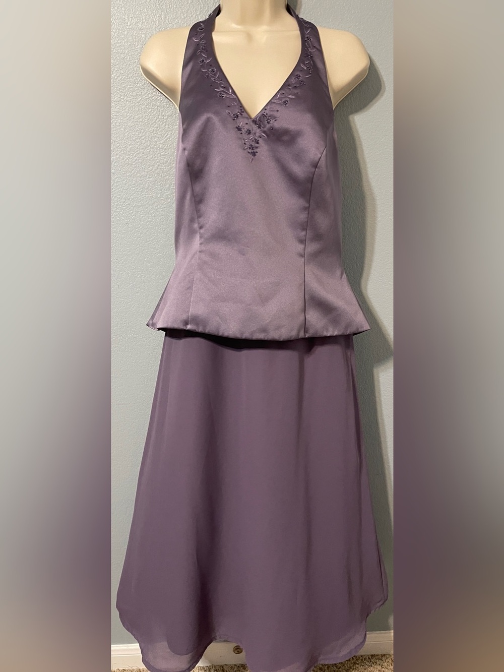 David’s Bridal Bridesmaid Dress Lavender Satin Halter Chiffon Formal Large Sz 12